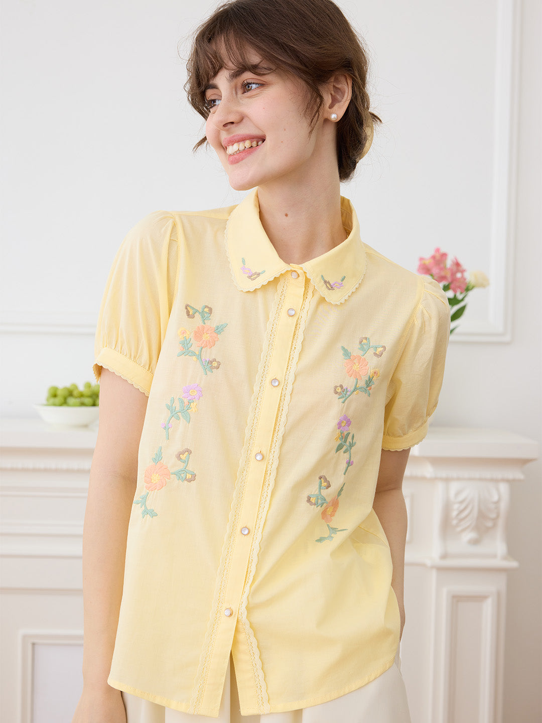Emmy Floral Embroidery Button Front Shirt
