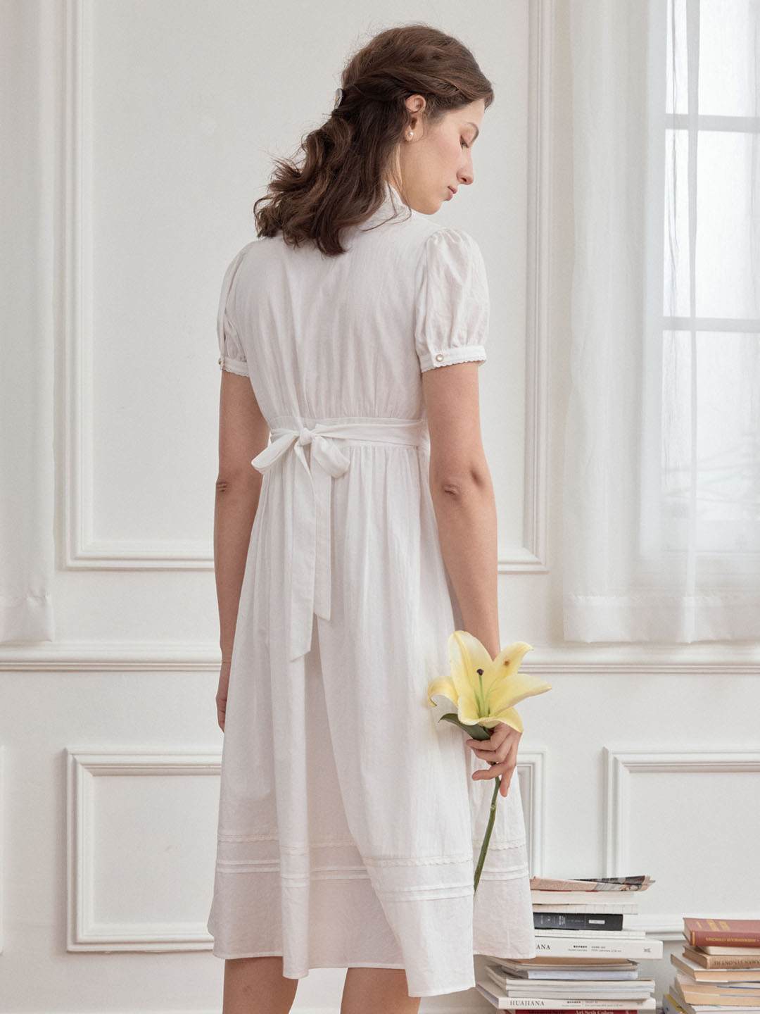 【Final Sale】Maryam Floral Embroidery Puff Sleeve Button Front Shirt Dress