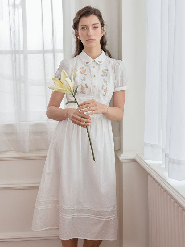 【Final Sale】Maryam Floral Embroidery Puff Sleeve Button Front Shirt Dress