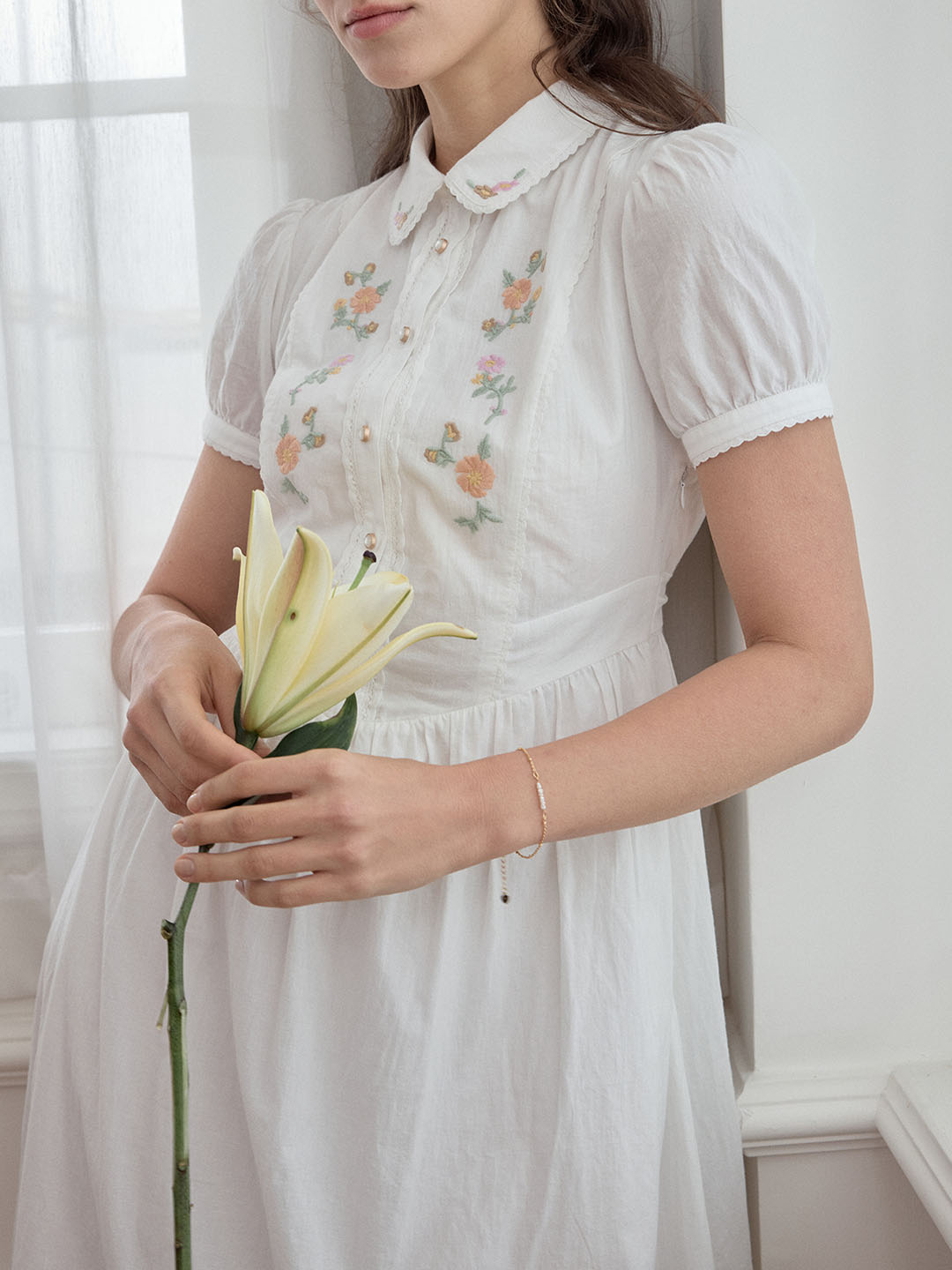 【Final Sale】Maryam Floral Embroidery Puff Sleeve Button Front Shirt Dress