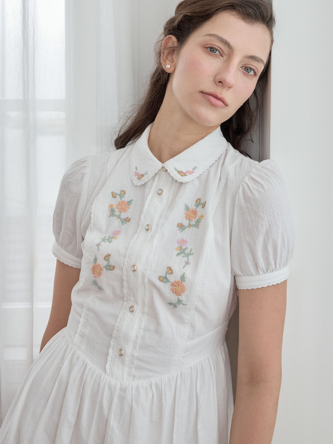 【Final Sale】Maryam Floral Embroidery Puff Sleeve Button Front Shirt Dress