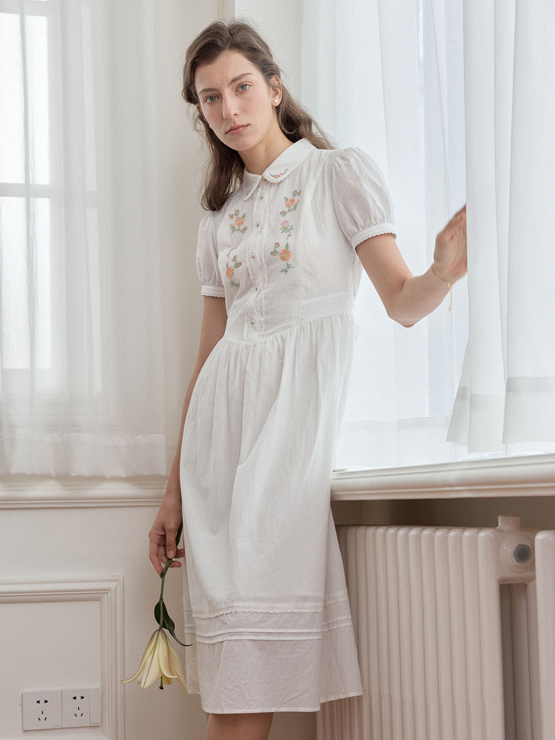 【Final Sale】Maryam Floral Embroidery Puff Sleeve Button Front Shirt Dress