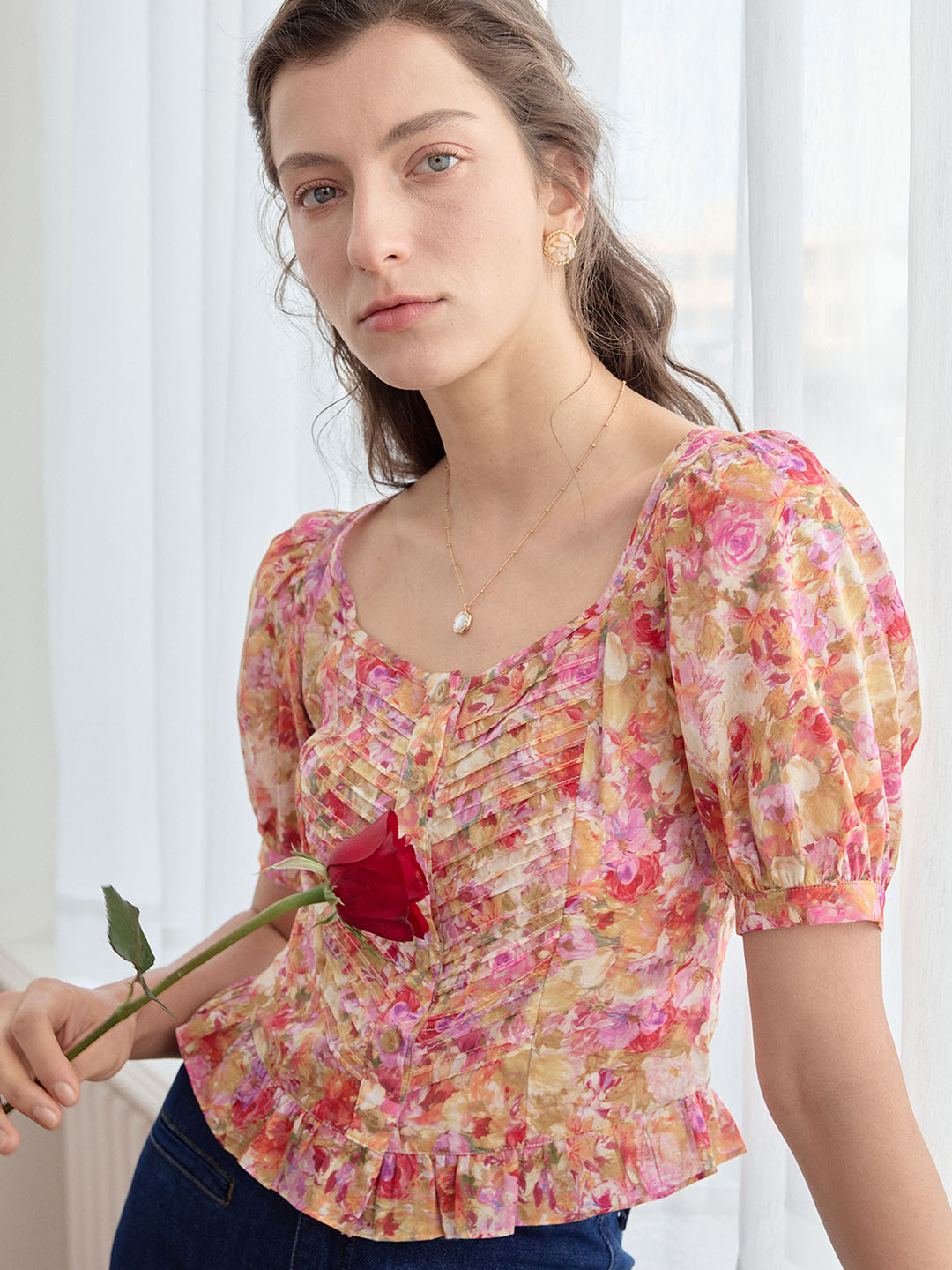 【Final Sale】Katalina Floral Print Ruched Front Ruffle Hem Blouse