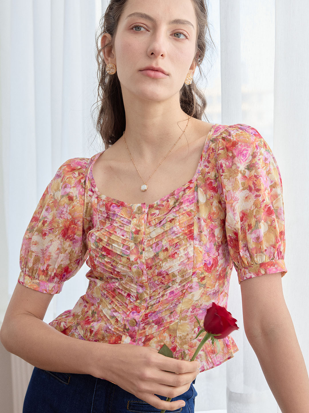 【Final Sale】Katalina Floral Print Ruched Front Ruffle Hem Blouse