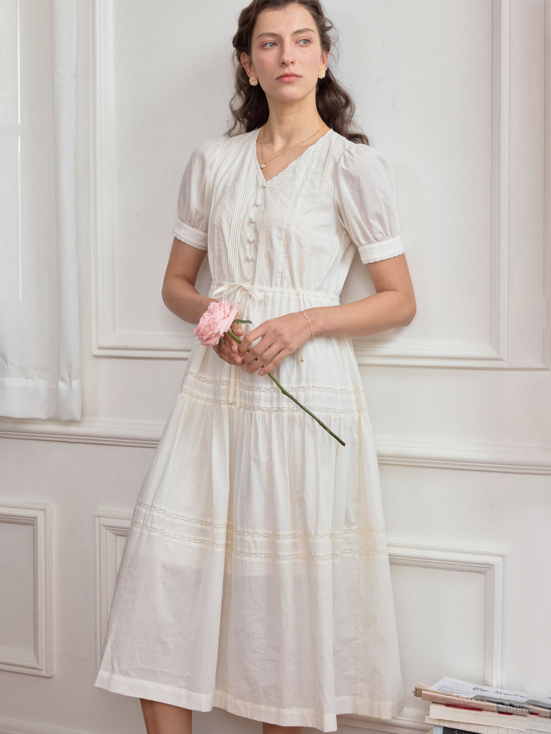 Hattie V-Neck Puff Sleeve Lace Panel Dress