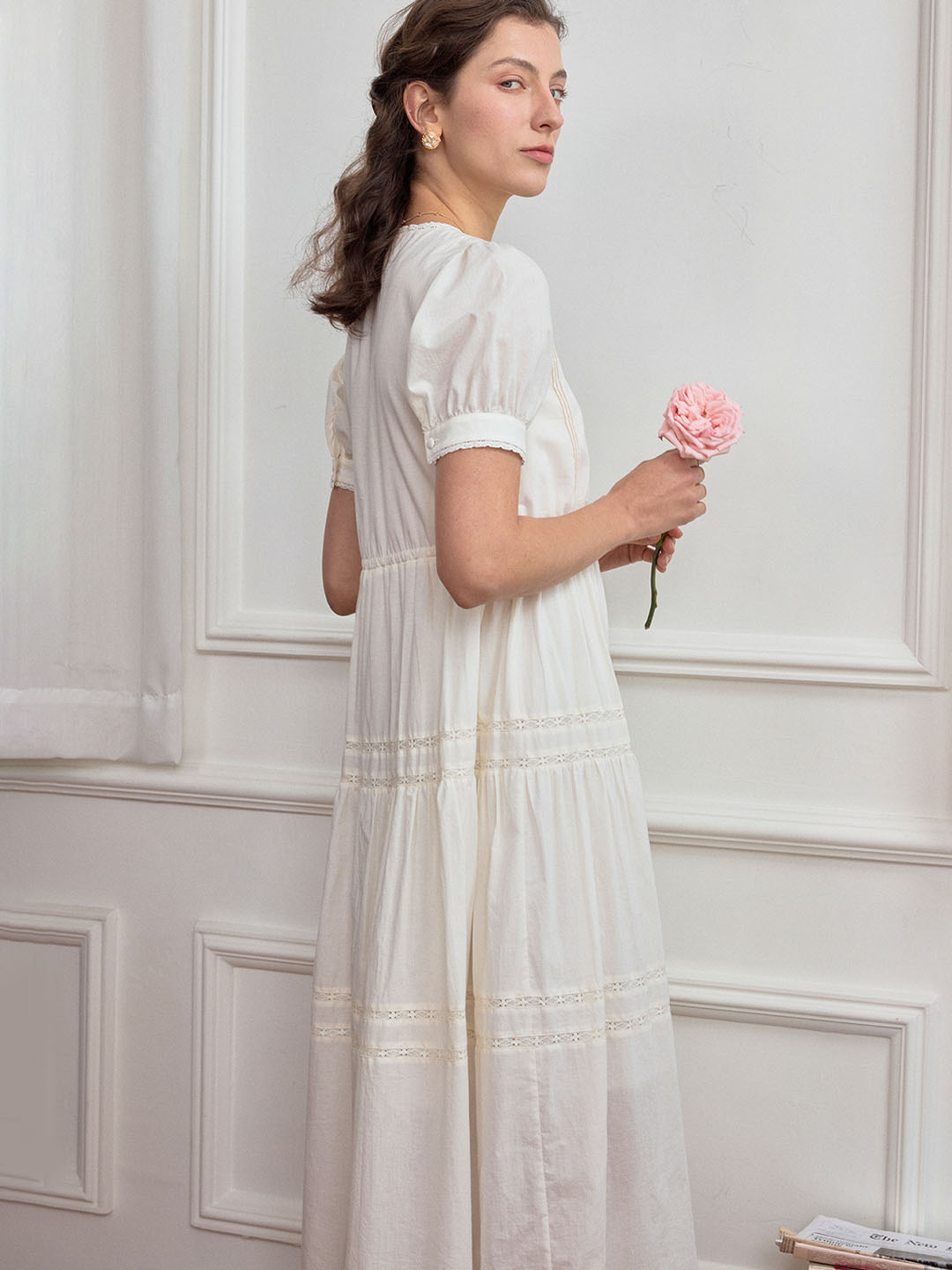 Hattie V-Neck Puff Sleeve Lace Panel Dress
