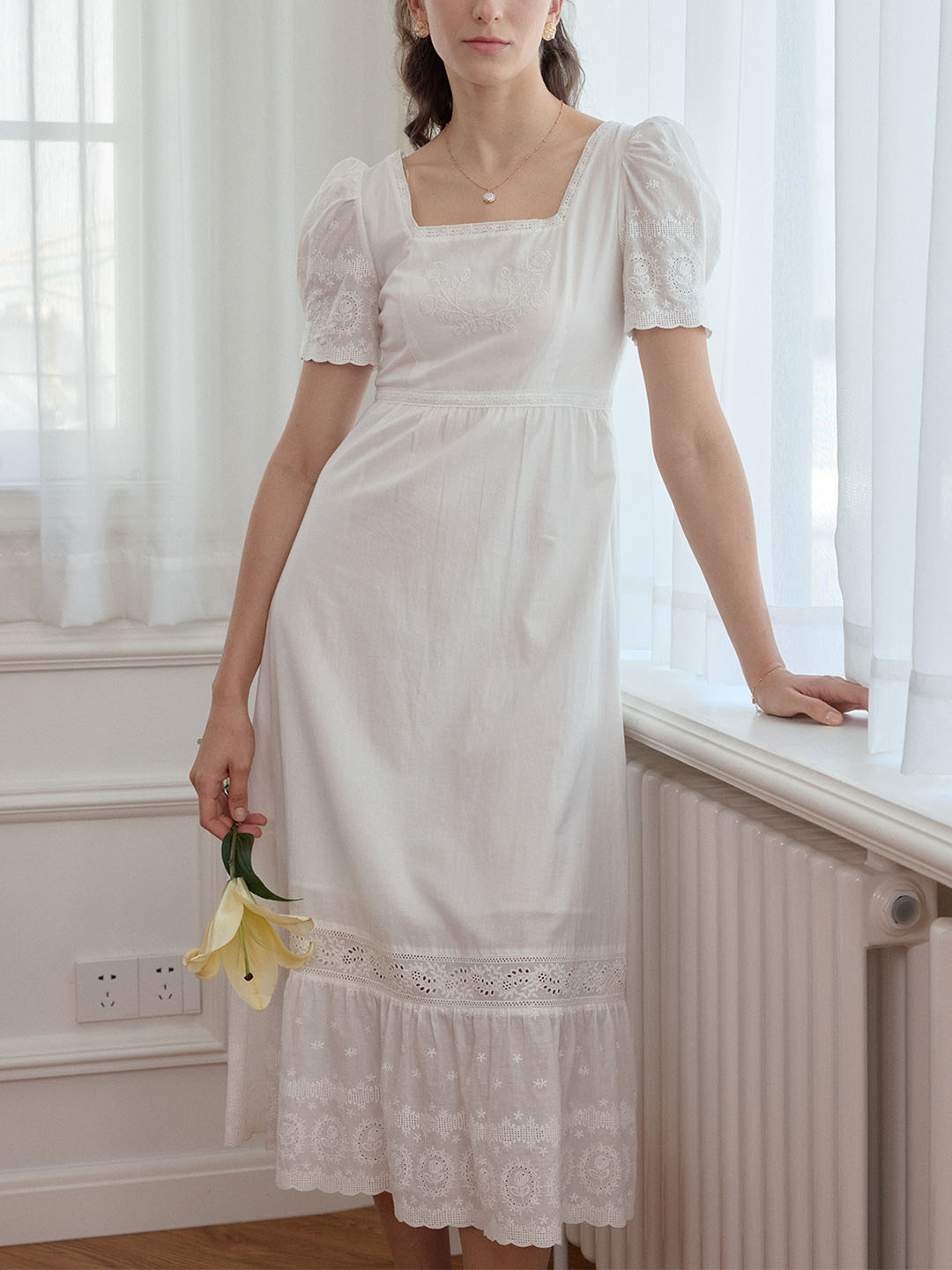 Adrianna Square Neck Puff Sleeve Cotton Dress