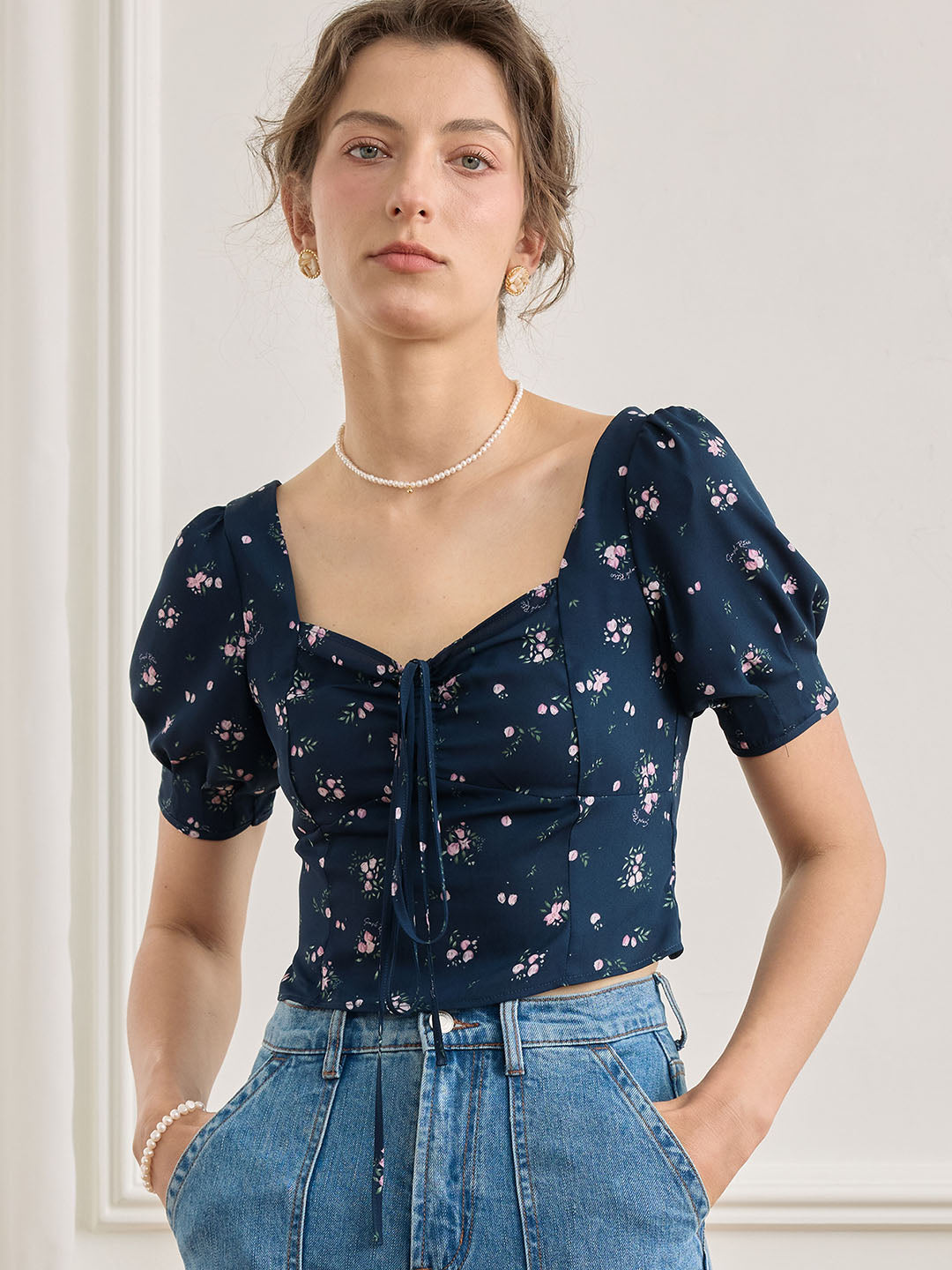 Sasha Ditsy Floral Print Ruched Bust Tie Back Crop Blouse