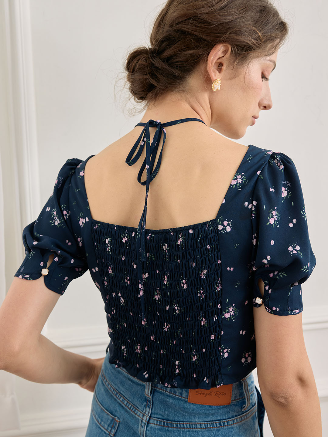 Sasha Ditsy Floral Print Ruched Bust Tie Back Crop Blouse