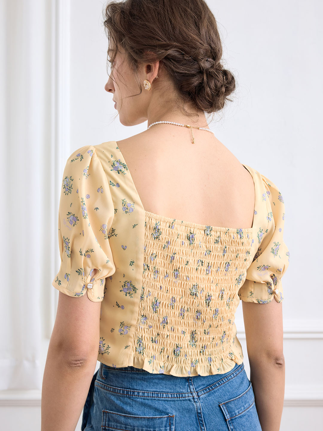Sasha Ditsy Floral Print Ruched Bust Tie Back Crop Blouse