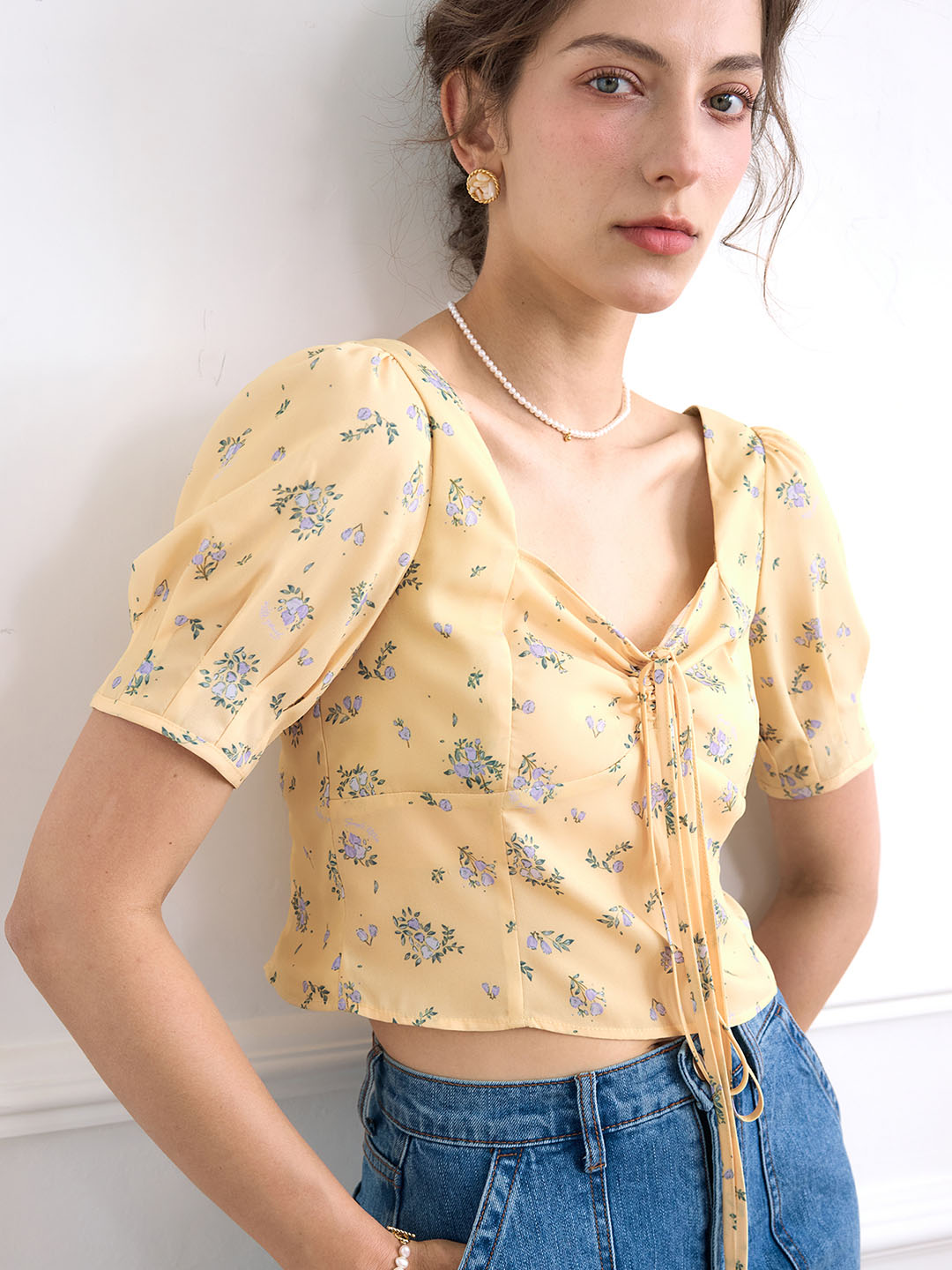 Sasha Ditsy Floral Print Ruched Bust Tie Back Crop Blouse