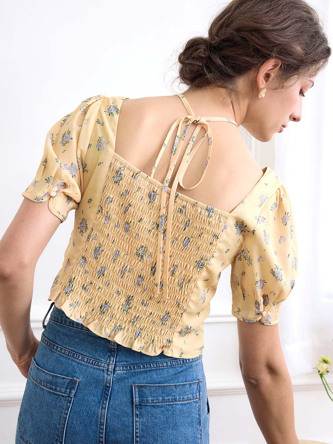Sasha Ditsy Floral Print Ruched Bust Tie Back Crop Blouse