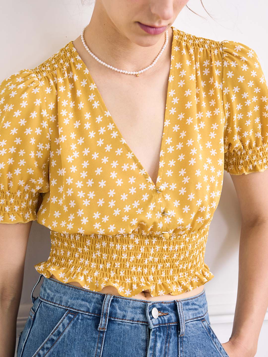 【Final Sale 】Reina V Neck Puff Sleeve Floral Top