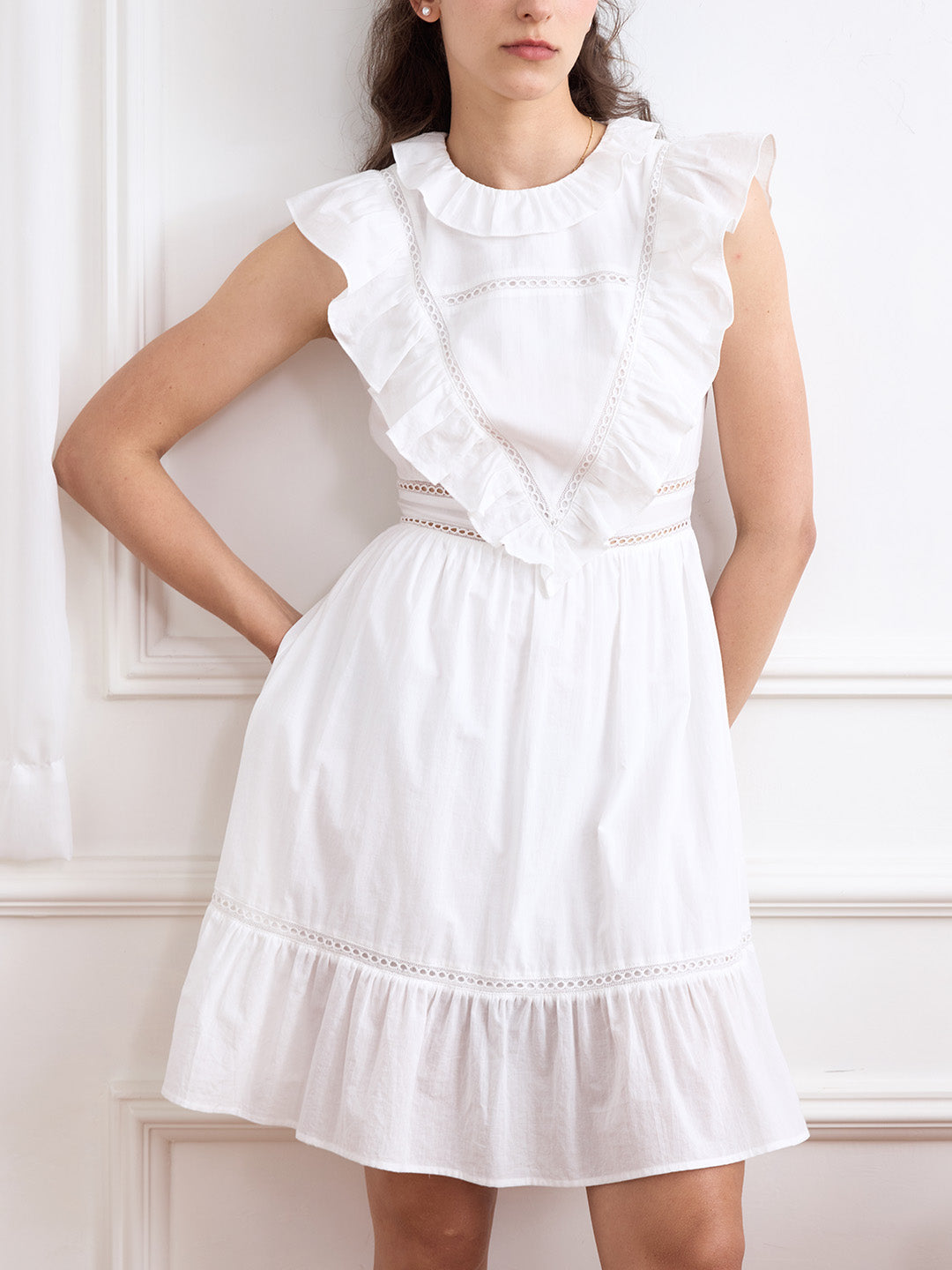 chinese dress ladies Jaliyah Solid Ruffle Trim Lace Trim Dress. Simple Retro Womenswear Daily-Vintage Inspired Fashion, White / XL