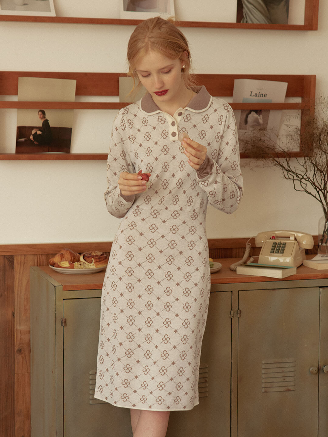 Emily Patterned Brown Polo Knitted Dress/simpleretro