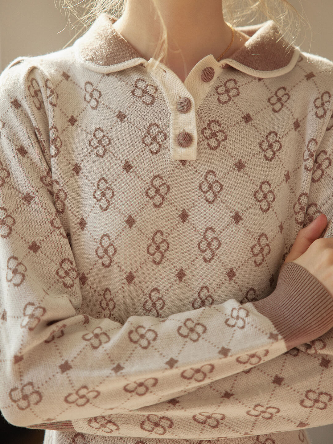 Emily Patterned Brown Polo Knitted Dress/simpleretro