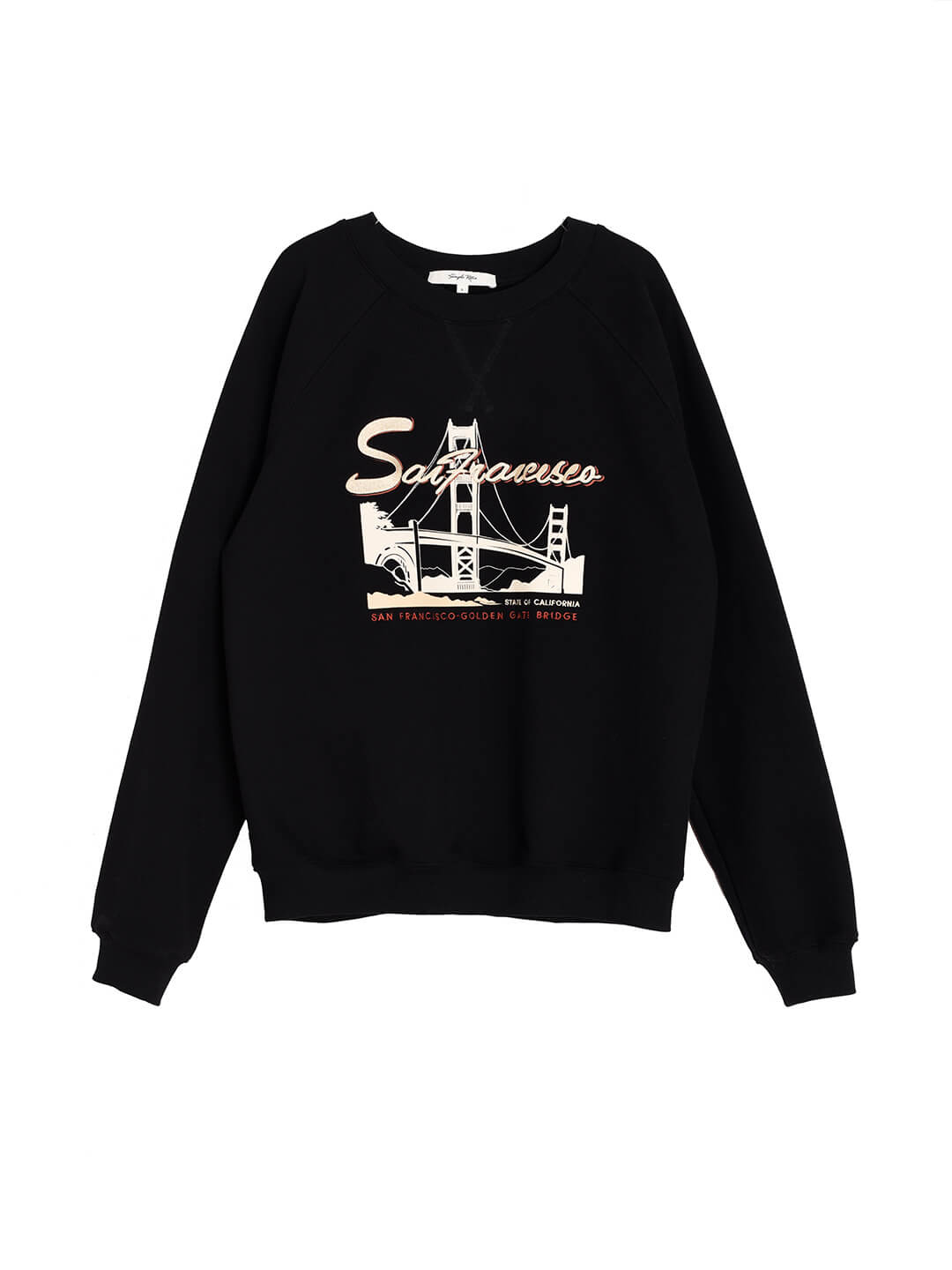 Lola Graphic Embroidery Crewneck Black Fleece Sweatshirt/Simple Retro/55152