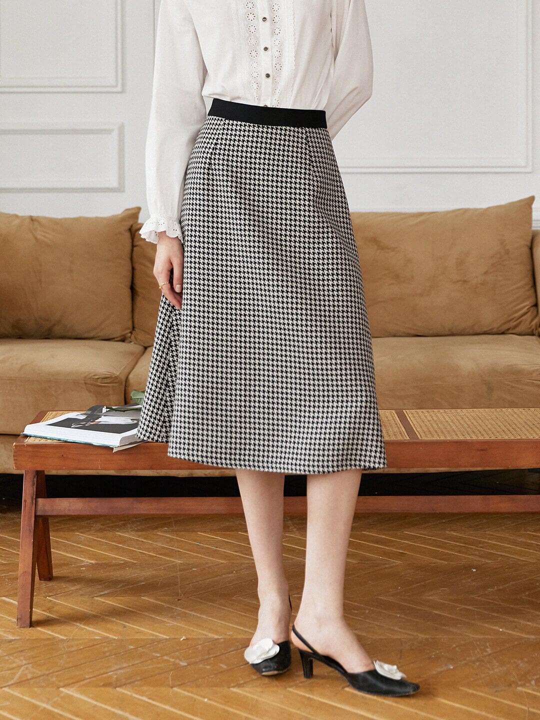 Raven Twill Houndstooth Midi Skirt/Simple Retro/22218