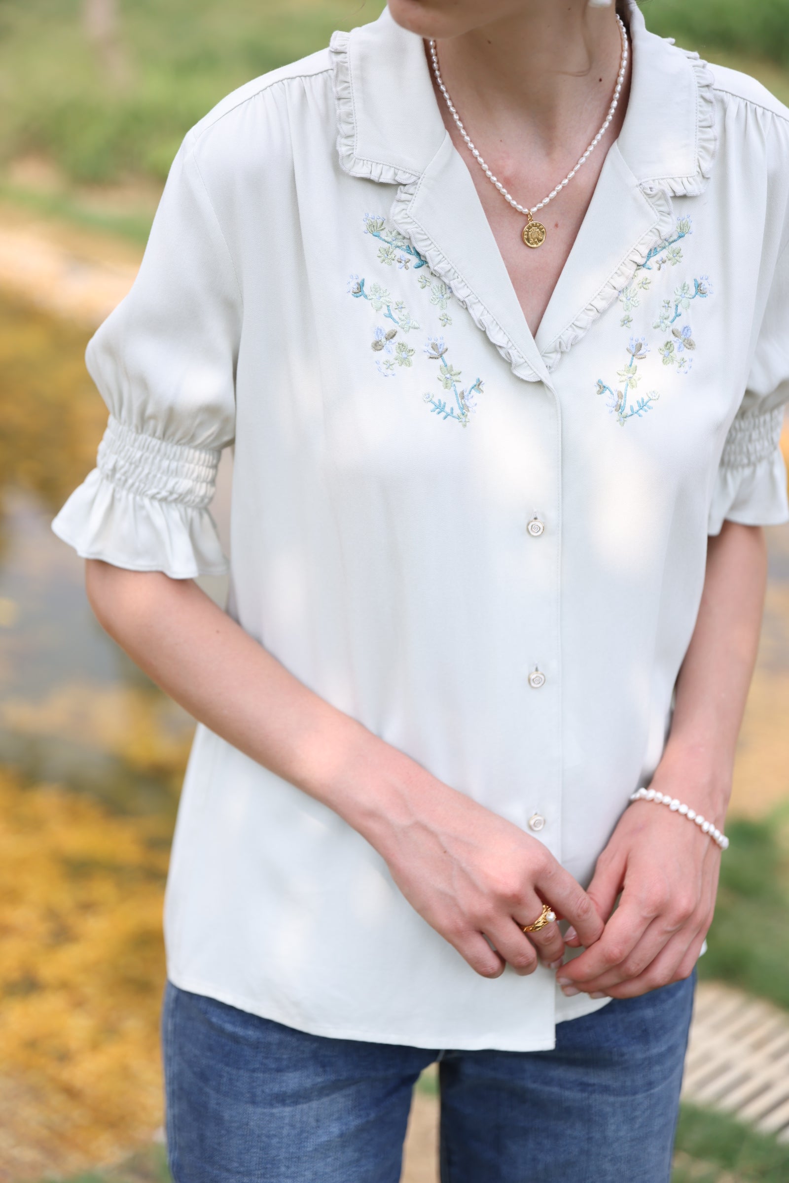 【Final Sale】Alicia Floral Embroidery V-Neck Blouse