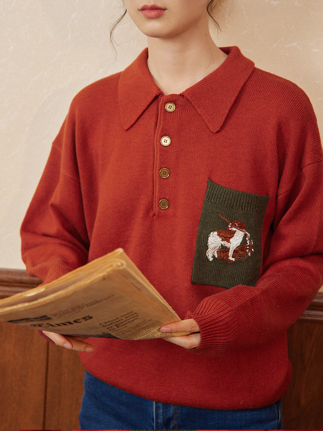 Raquel Polo Embroidery Christmas Red Knit Sweater/Simple Retro/55125