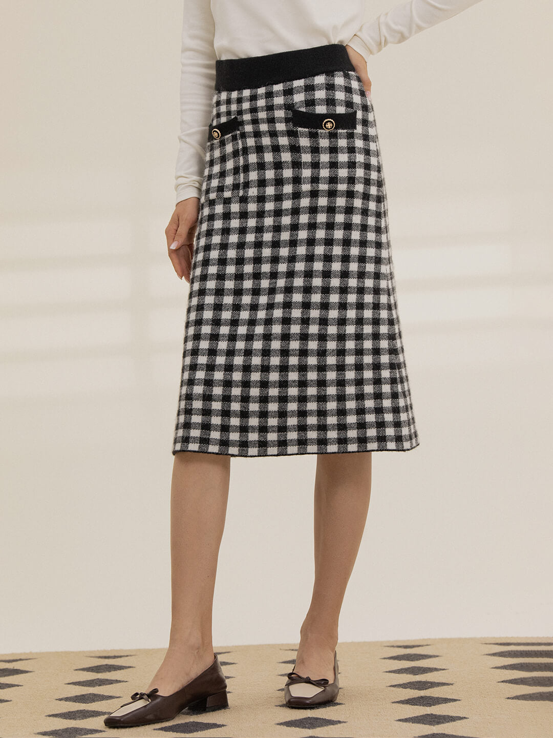 Ansley Checkerboard Black Midi Knitted Skirt/Simple Retro/66015