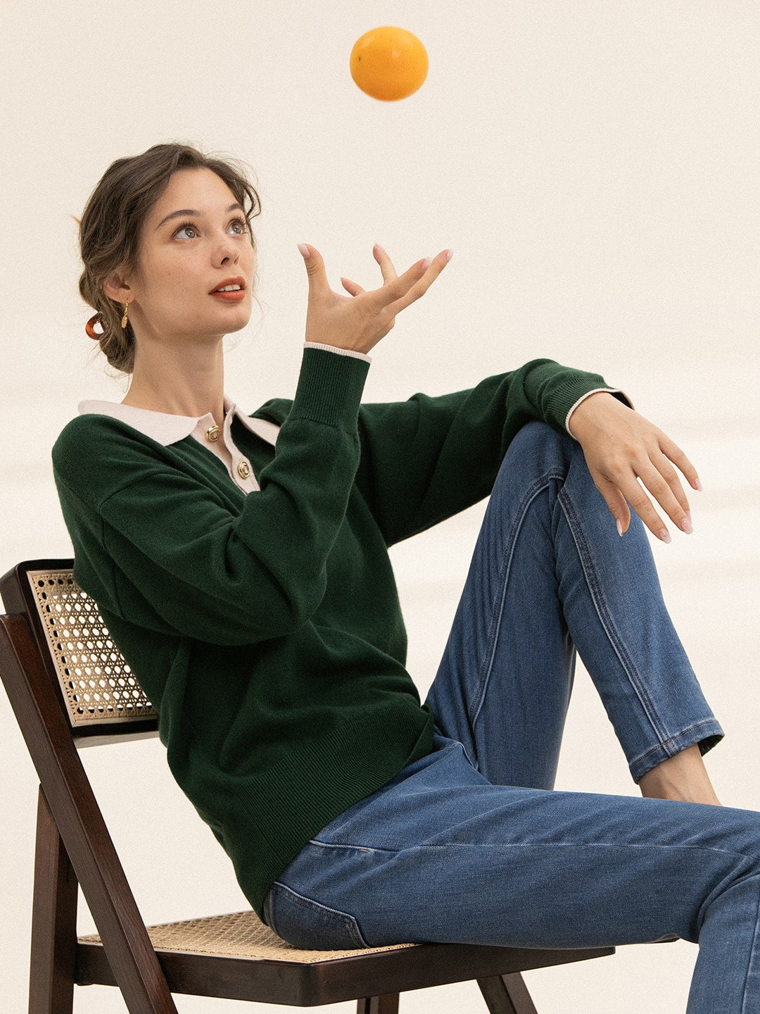 Selena Polo Contrast Collar 100% Wool Knit Sweater/Simple Retro/11519