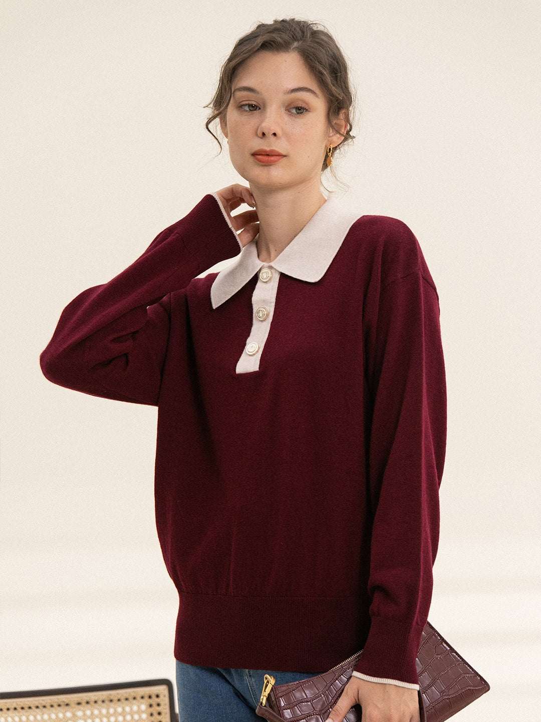 Selena Polo Contrast Collar 100% Wool Wine Red Knit Sweater/Simple Retro/11519