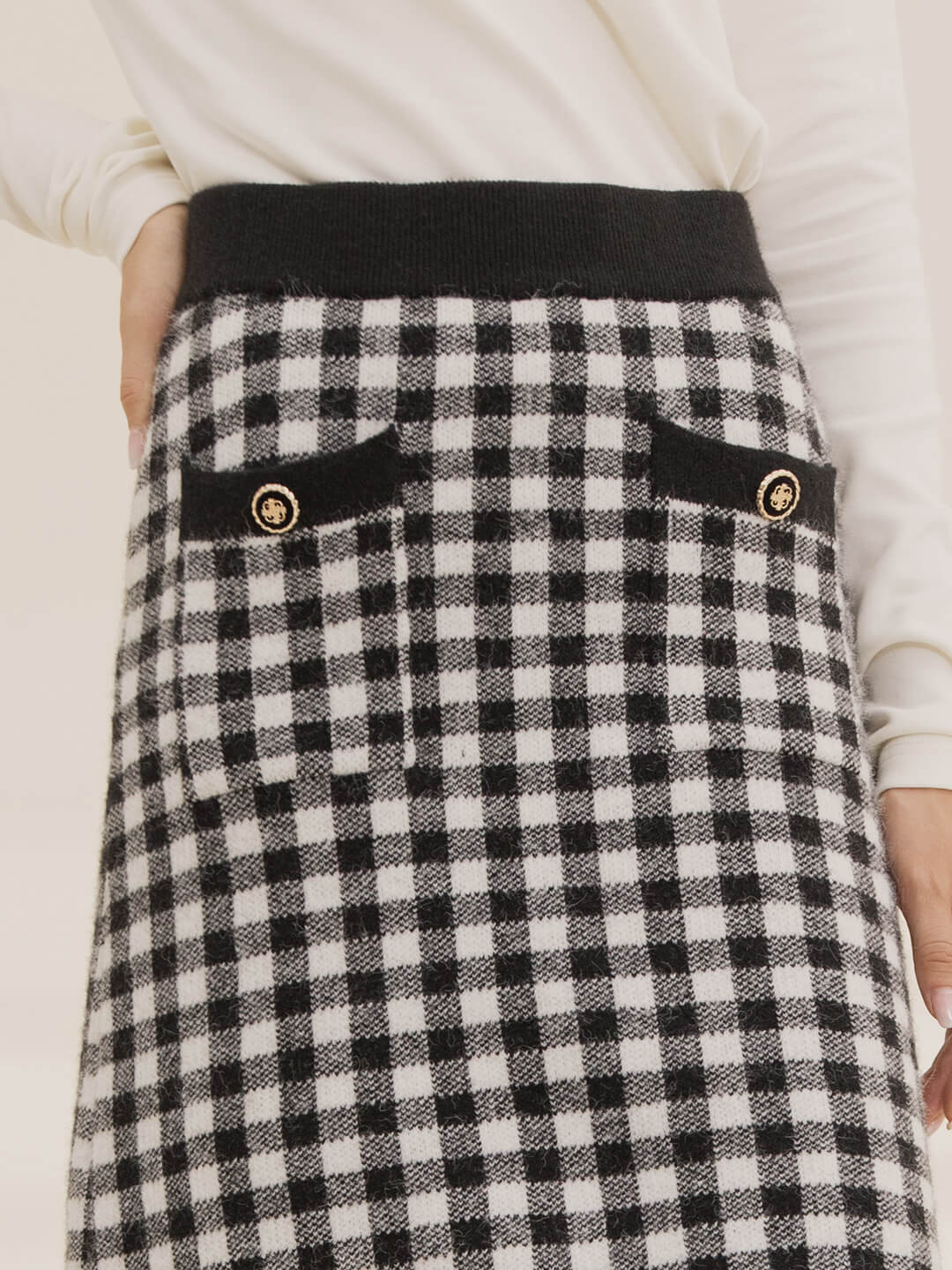 Ansley Checkerboard Black Midi Knitted Skirt/Simple Retro/66015