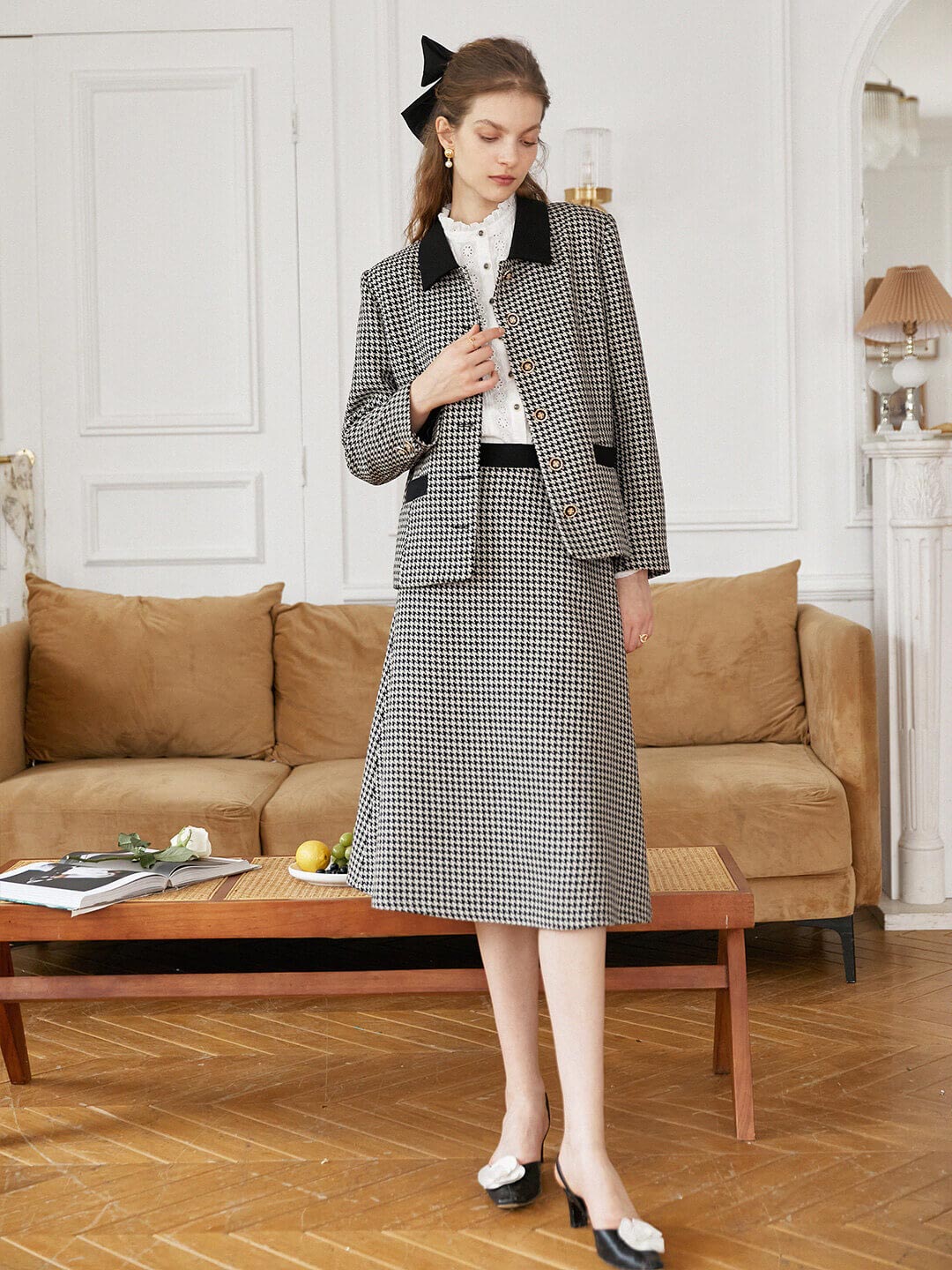Raven Twill Houndstooth Midi Skirt/Simple Retro/22218
