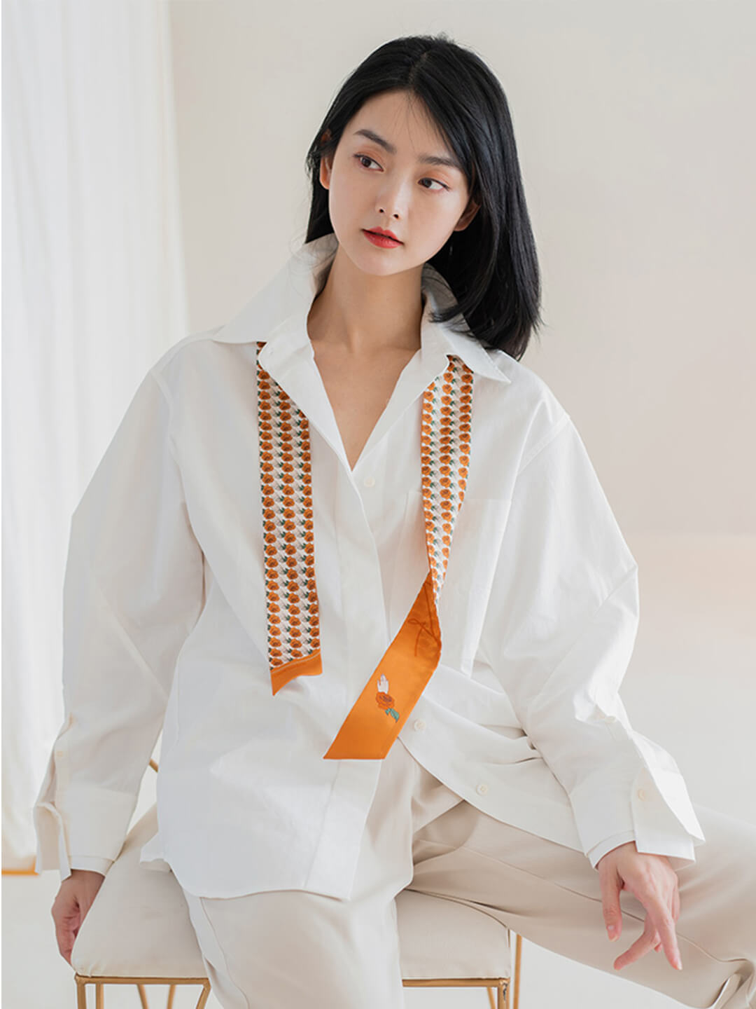 Chowxiaodou Rose Printed Twill Silk Mini Narrow Scarf/Simple Retro/40042