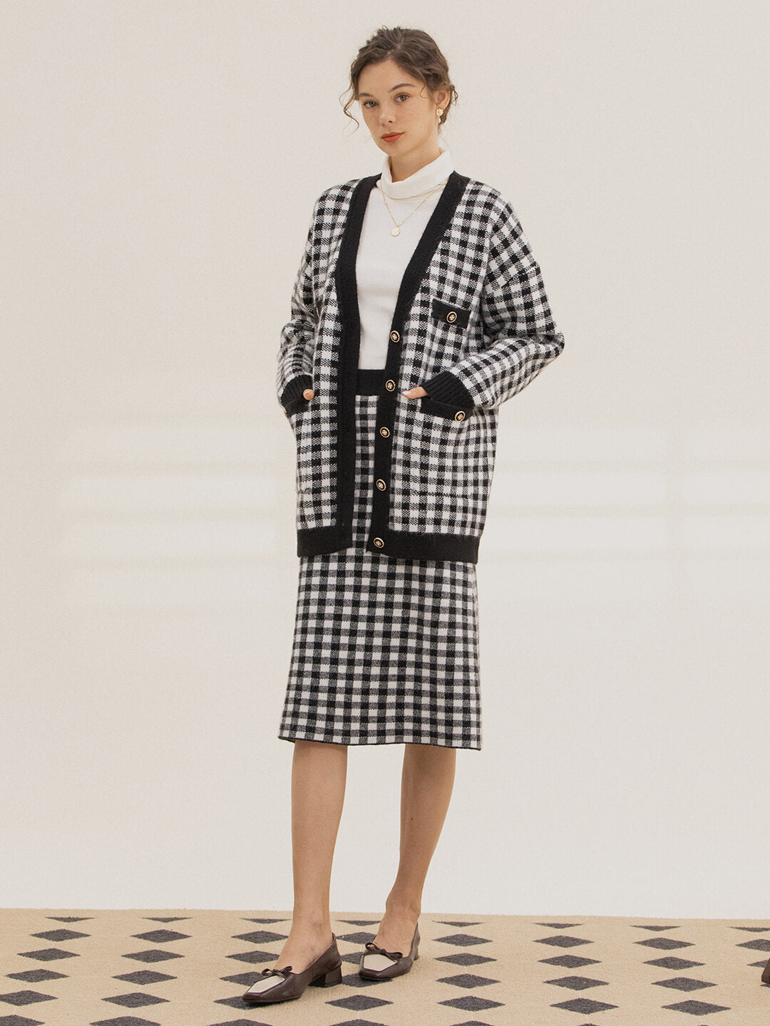 Ansley Checkerboard Black Midi Knitted Skirt/Simple Retro/66015