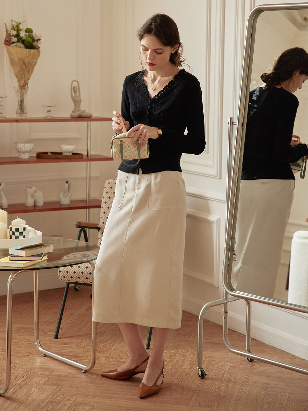 Odette Straight Beige Midi Skirt/SIMPLERETRO