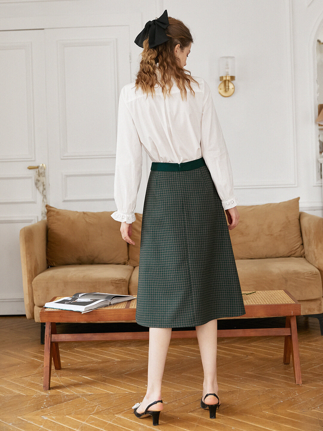 Raven Twill Houndstooth Midi Skirt/Simple Retro/22218