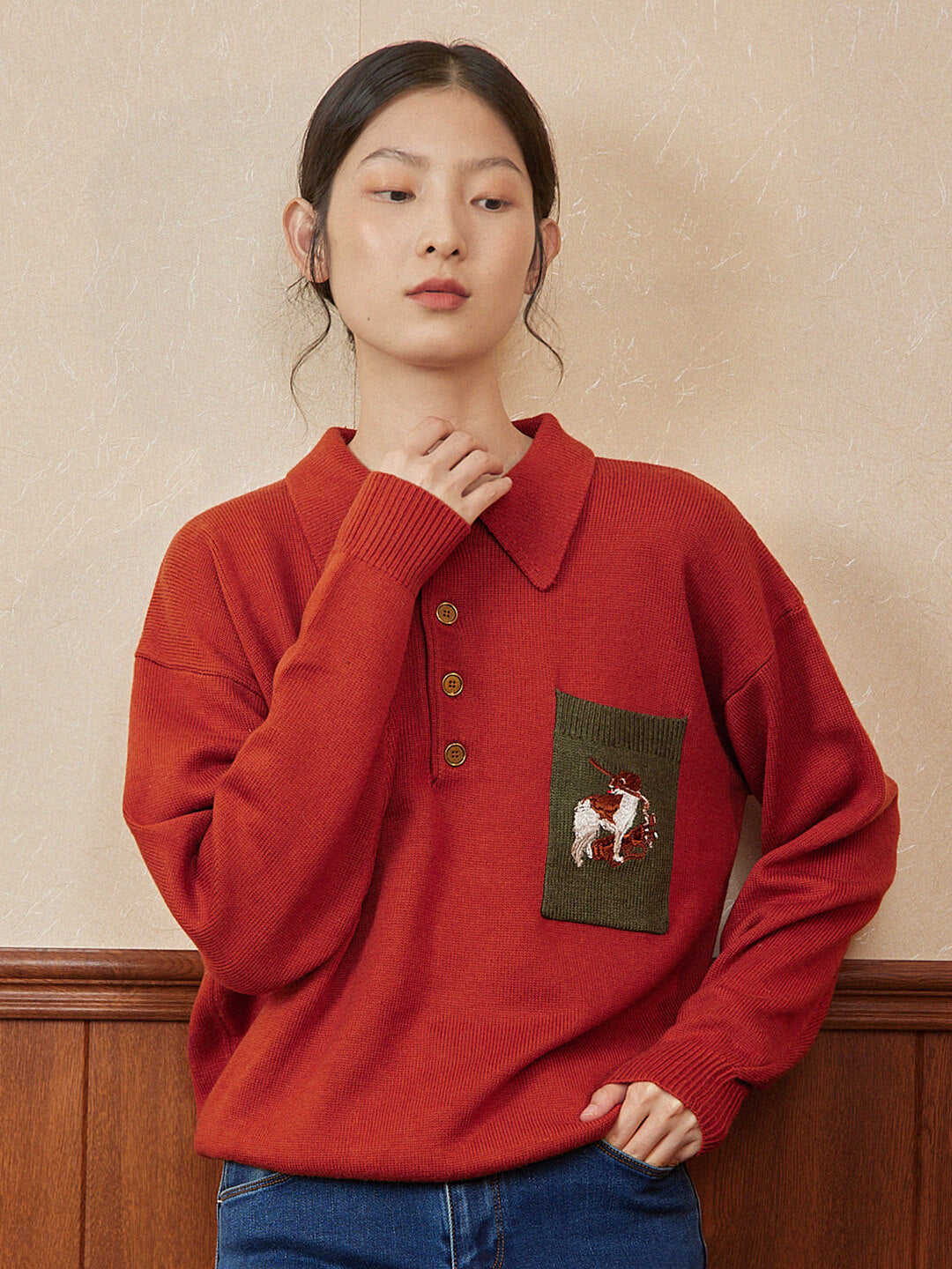 Raquel Polo Embroidery Christmas Red Knit Sweater/Simple Retro/55125