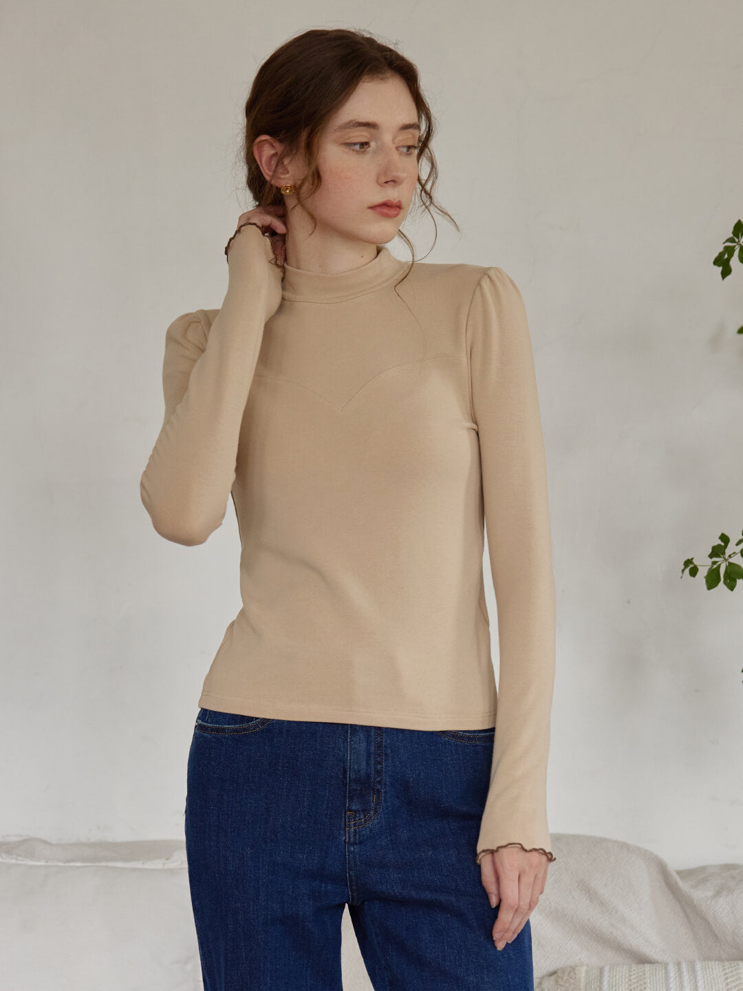 Jelena High Collar Khaki Knit Top/SIMPLERETRO