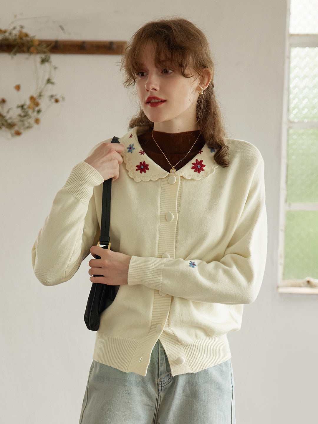 Grace Floral Embroidered Apricot Knit Cardigan/SIMPLERETRO