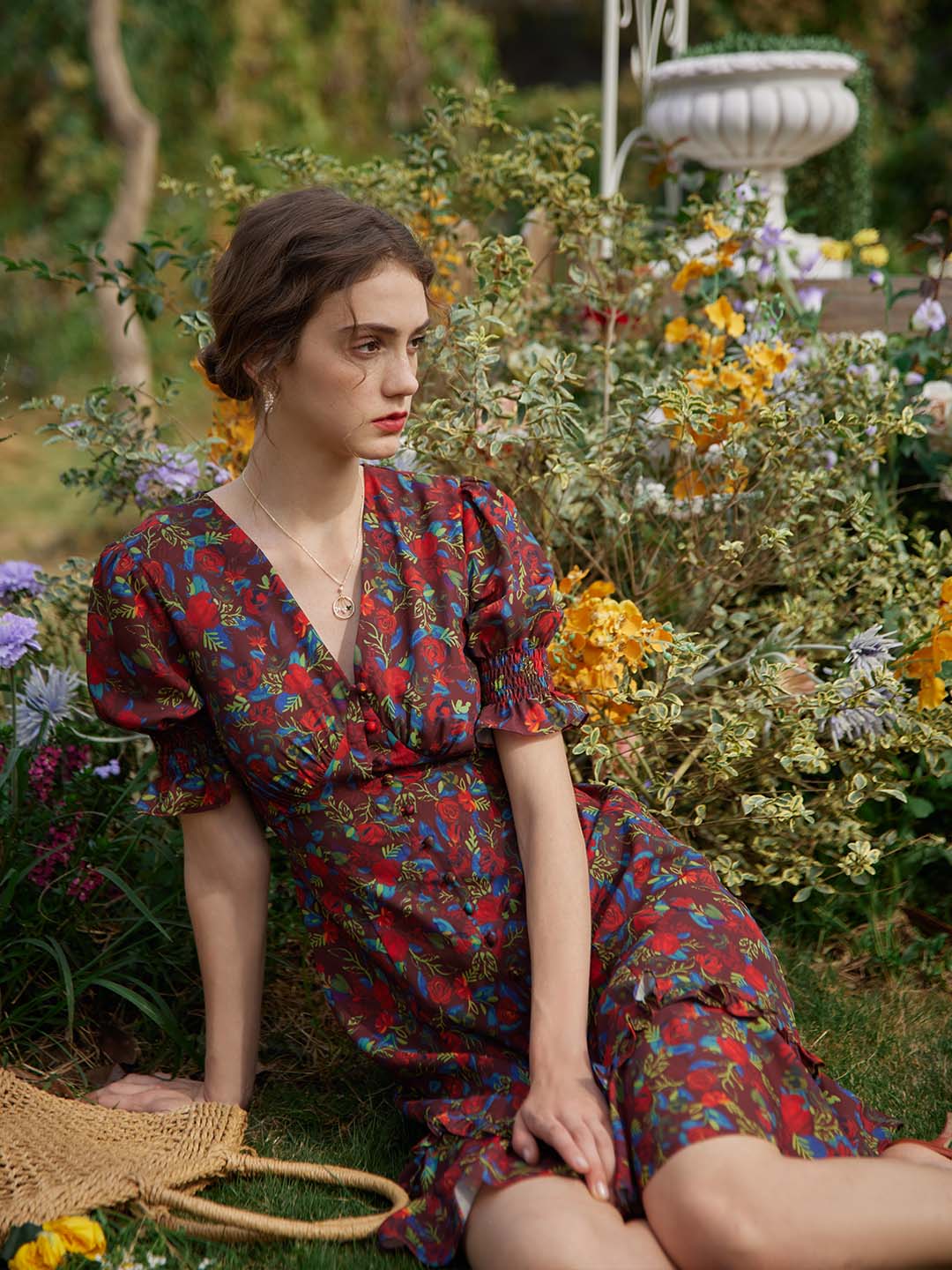 Kora Floral Printed Midi Dress/Simple Retro/1200039