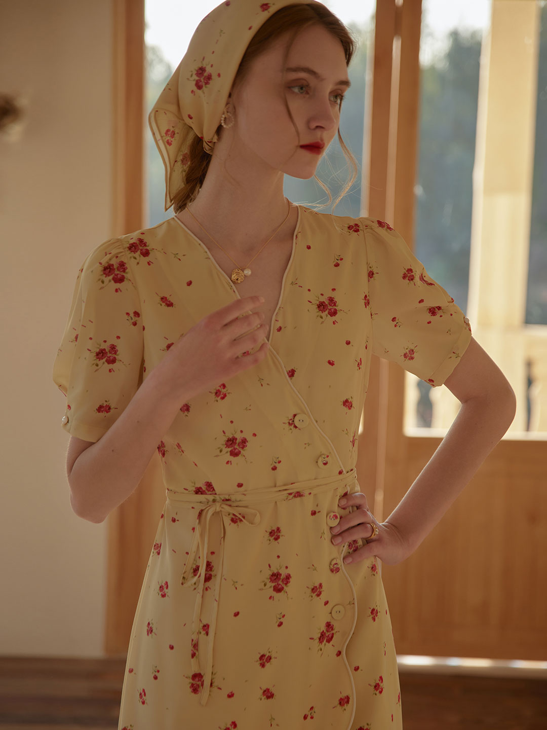 Kimura Floral-Print Midi Dress/Simple Retro/11193