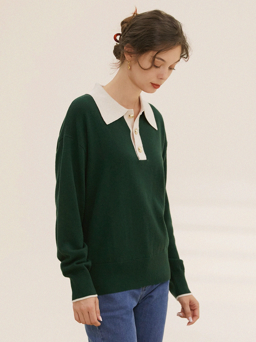 Selena Polo Contrast Collar 100% Wool Knit Sweater/Simple Retro/11519