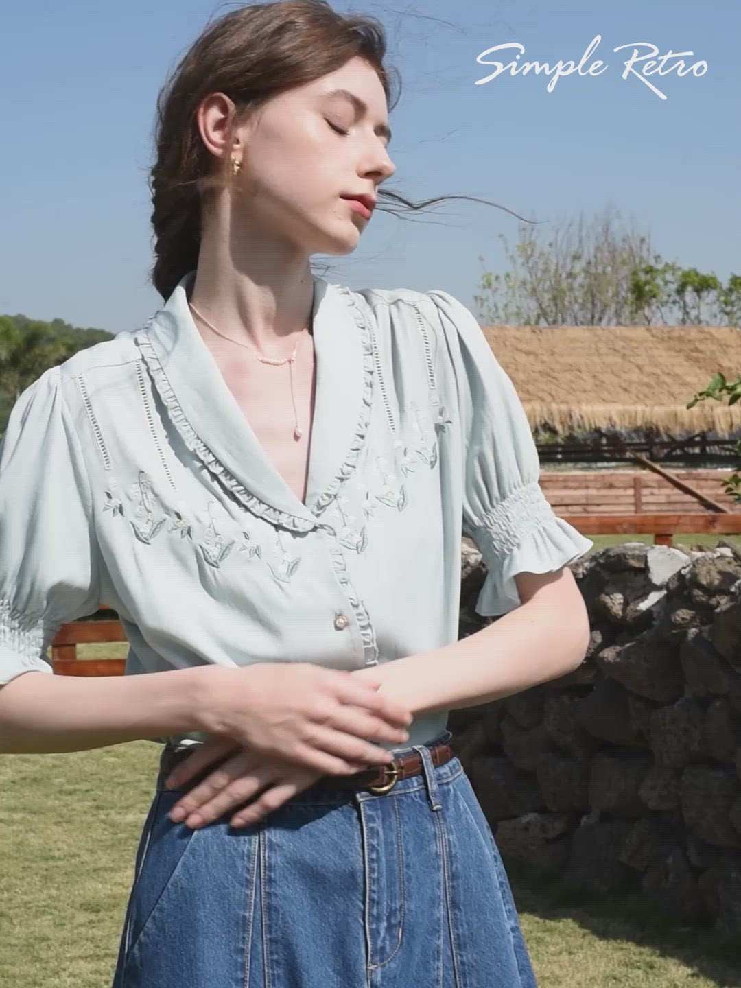 Convallaria Floral Embroidered Puff Top/Simple Retro/66042