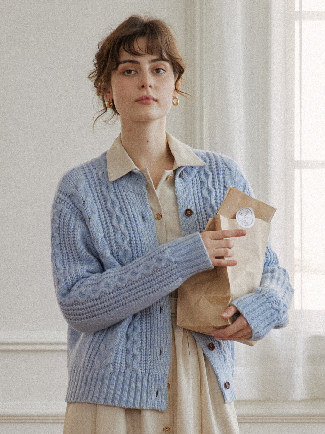 【Final Sale】Raina Cable Blue Irish Knit Wool Cardigan