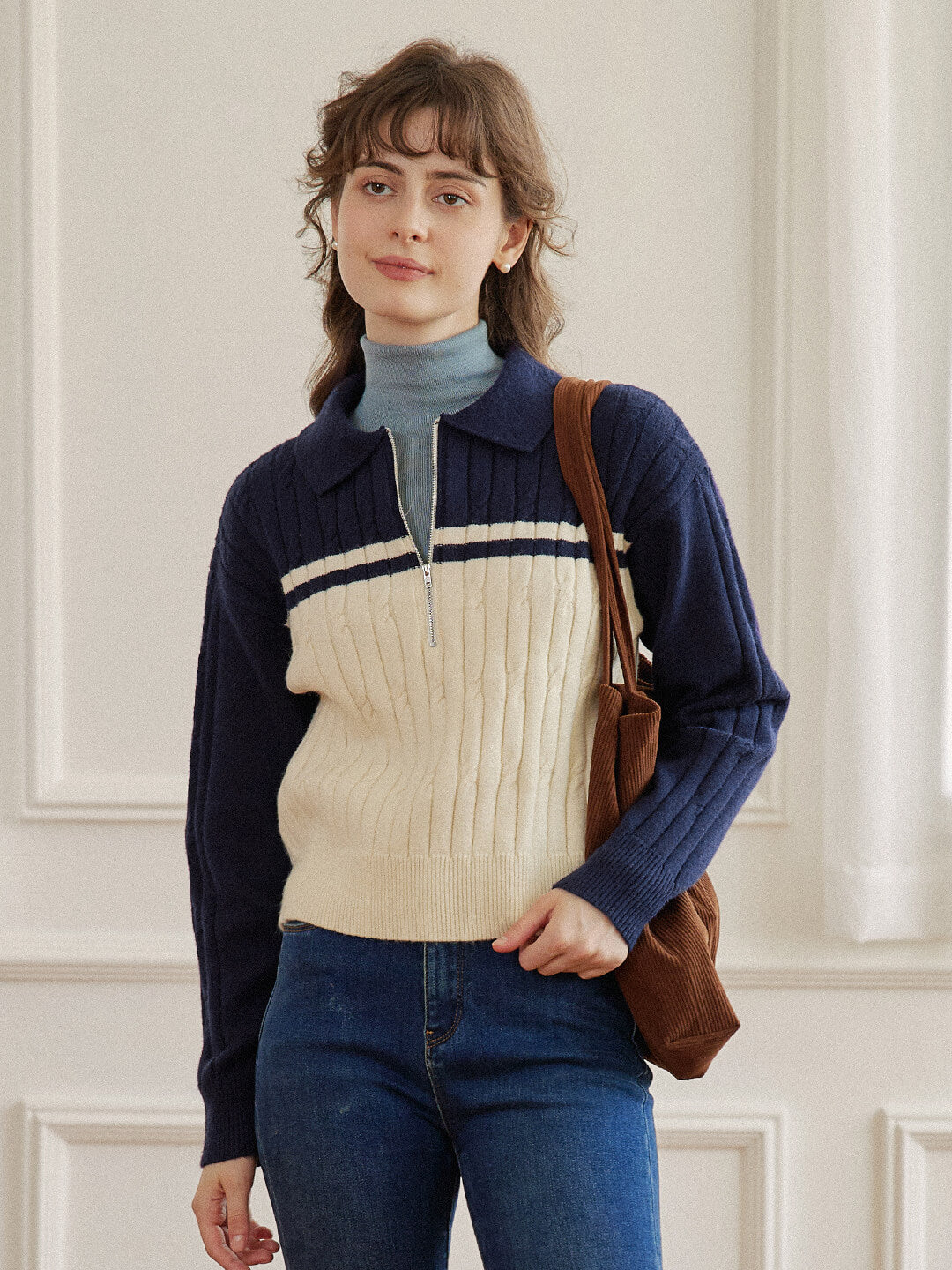 【FINAL SALE】Lyla Polo Cable Blue Knit Sweater
