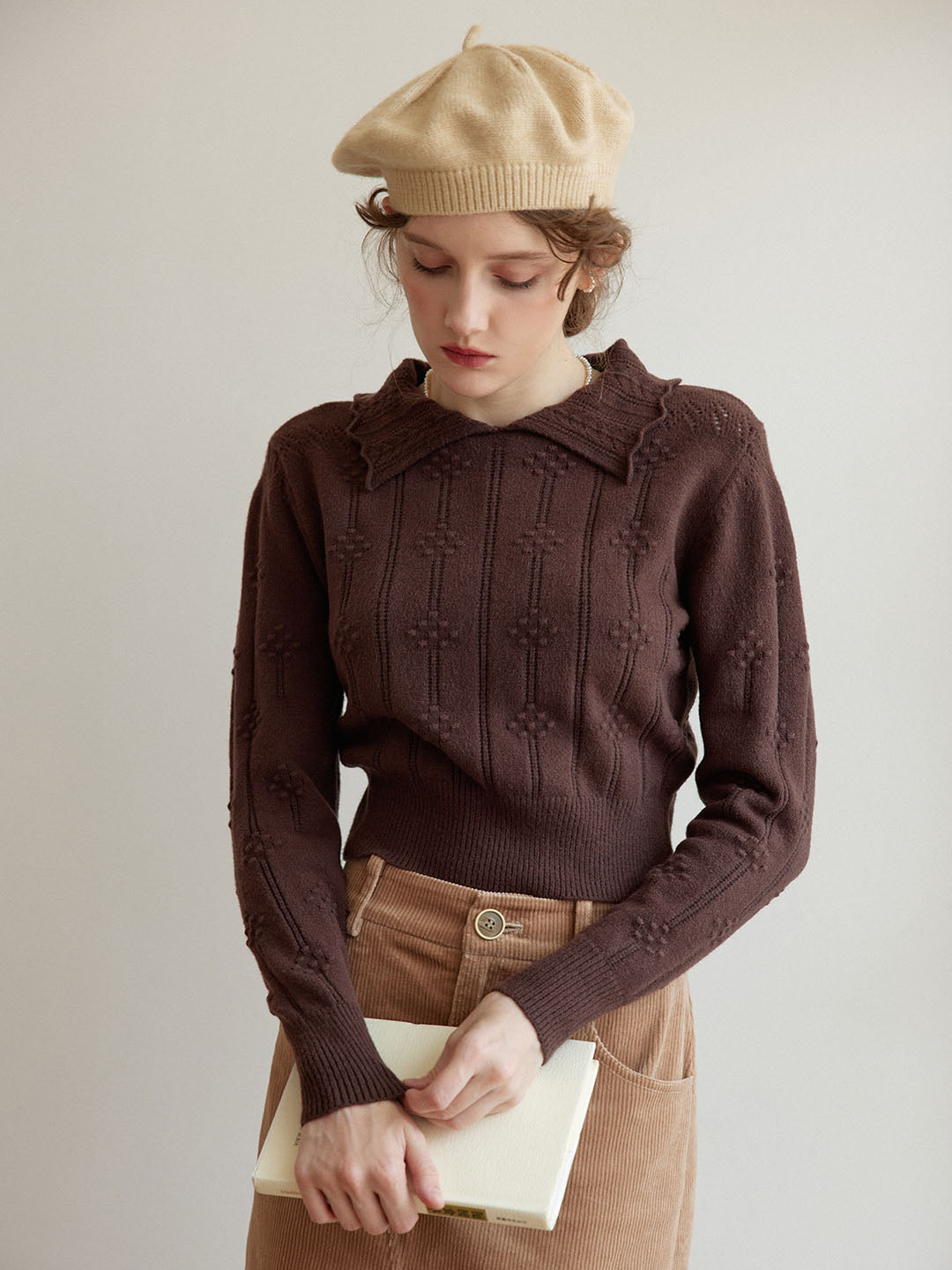 Jasmine Cable Polo Brown Knit Sweater
