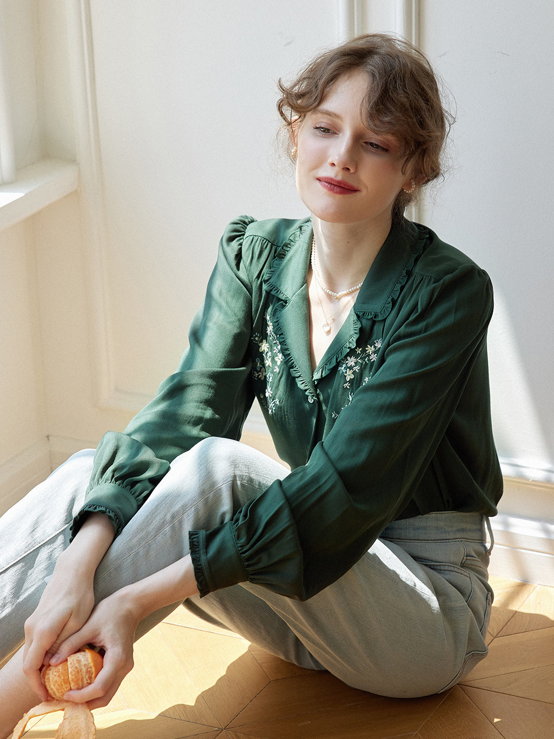 【Final Sale】Convallaria Floral Embroidered Light Yellow Puff Top
