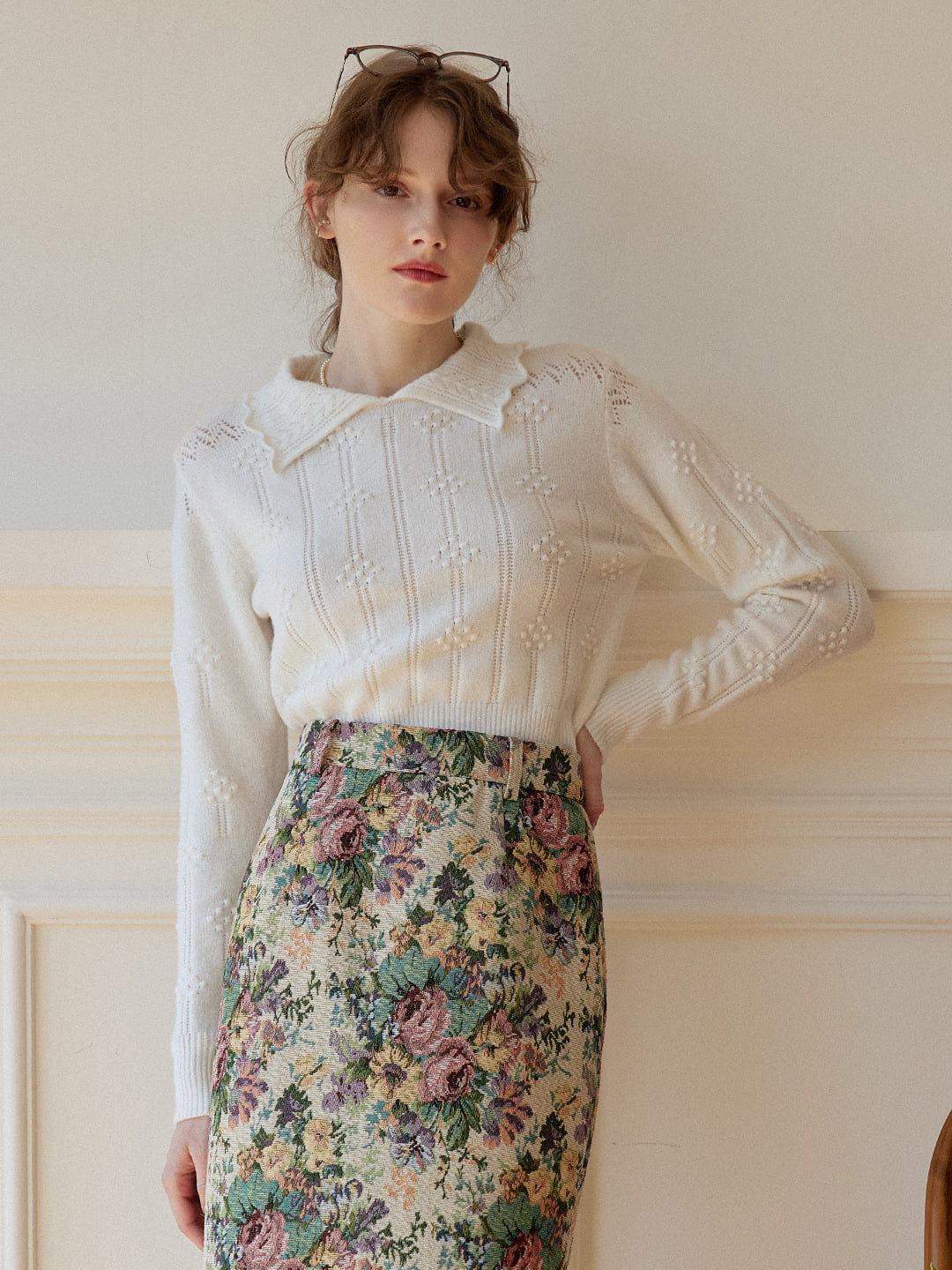 Jasmine Cable Polo White Knit Sweater/simpleretro