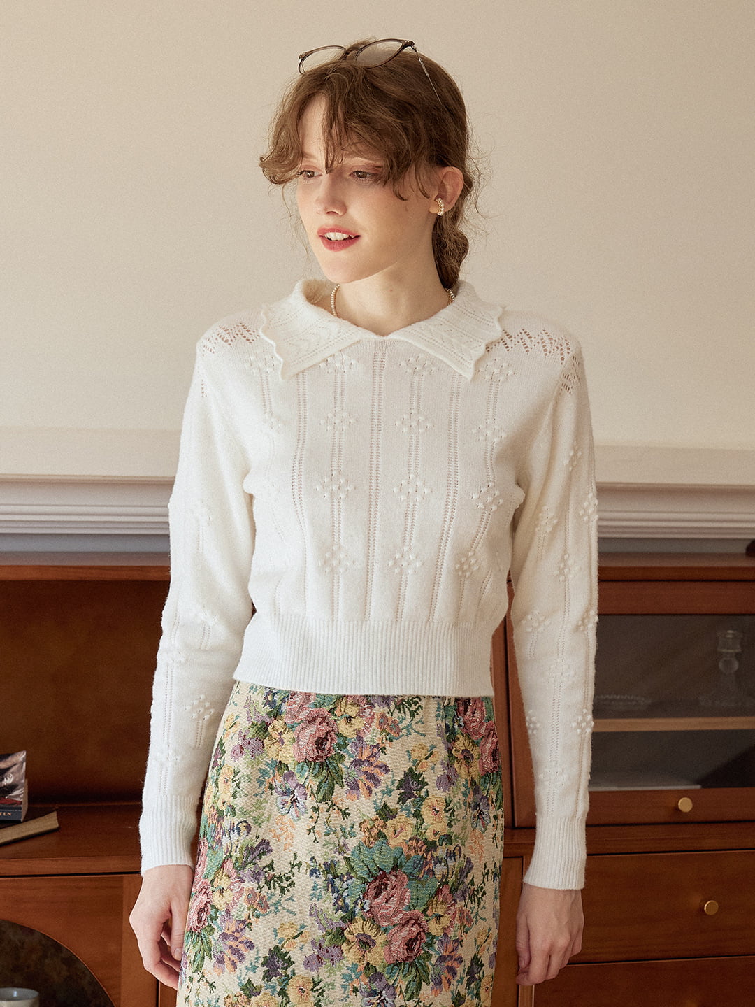 Jasmine Cable Polo White Knit Sweater/simpleretro