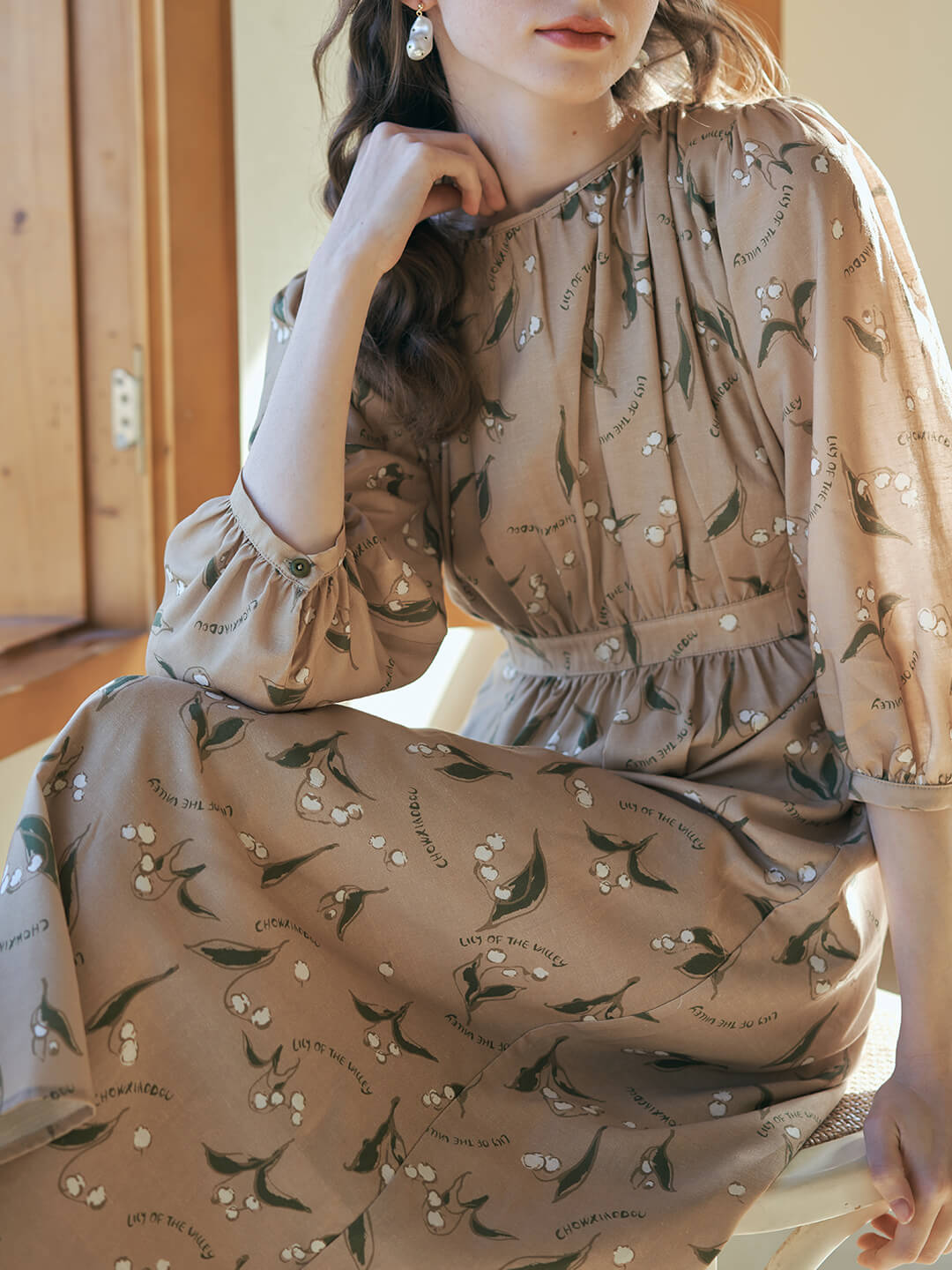 Convallaria Chowxiaodou Printed Khaki Midi Dress/Simple Retro/55181