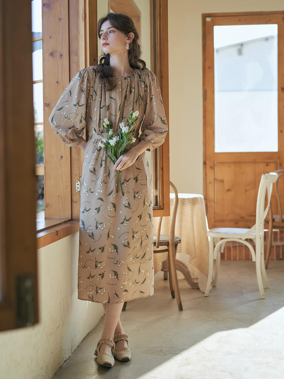 Convallaria Chowxiaodou Printed Khaki Midi Dress/Simple Retro/55181