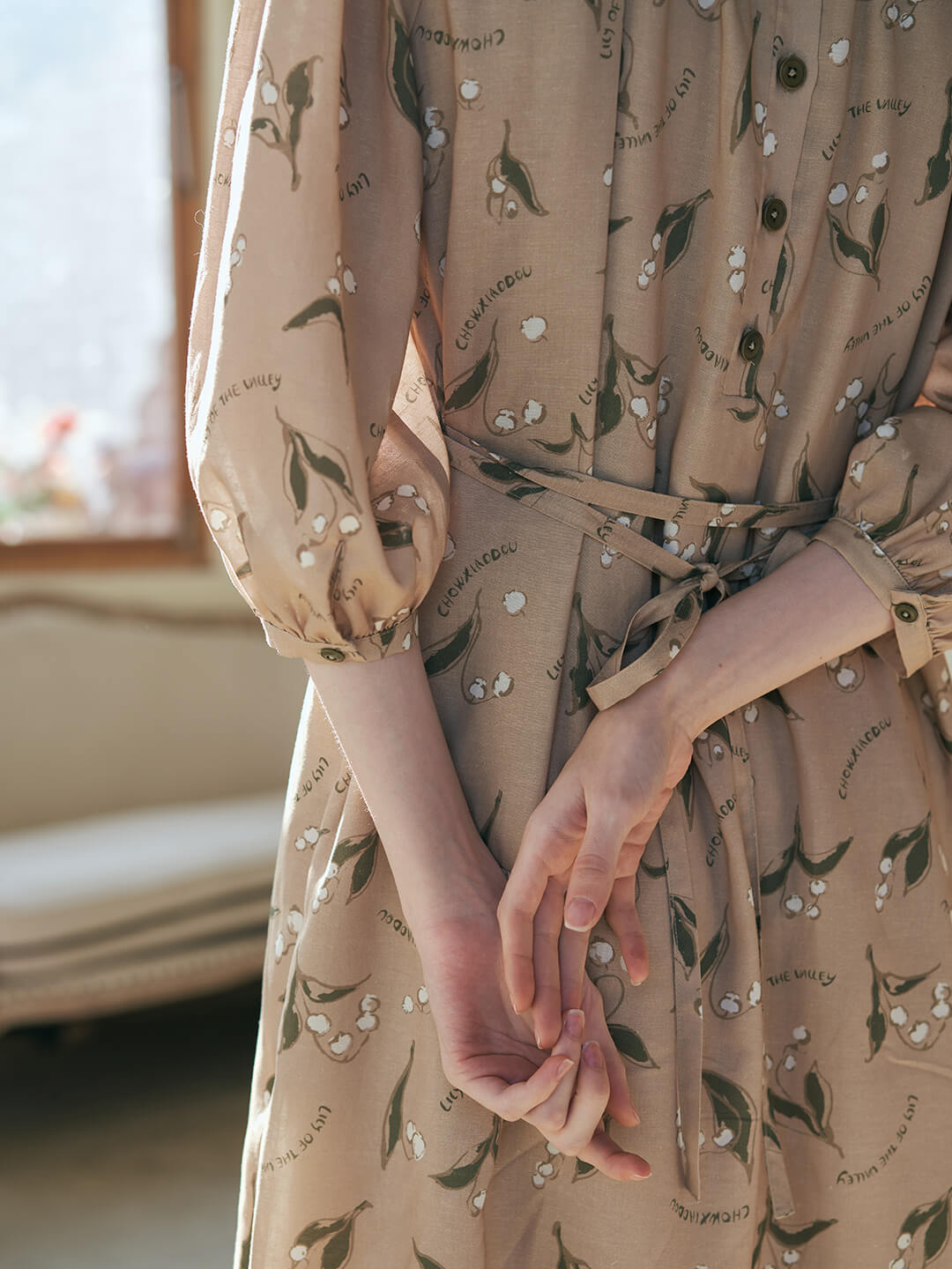 Convallaria Chowxiaodou Printed Khaki Midi Dress/Simple Retro/55181
