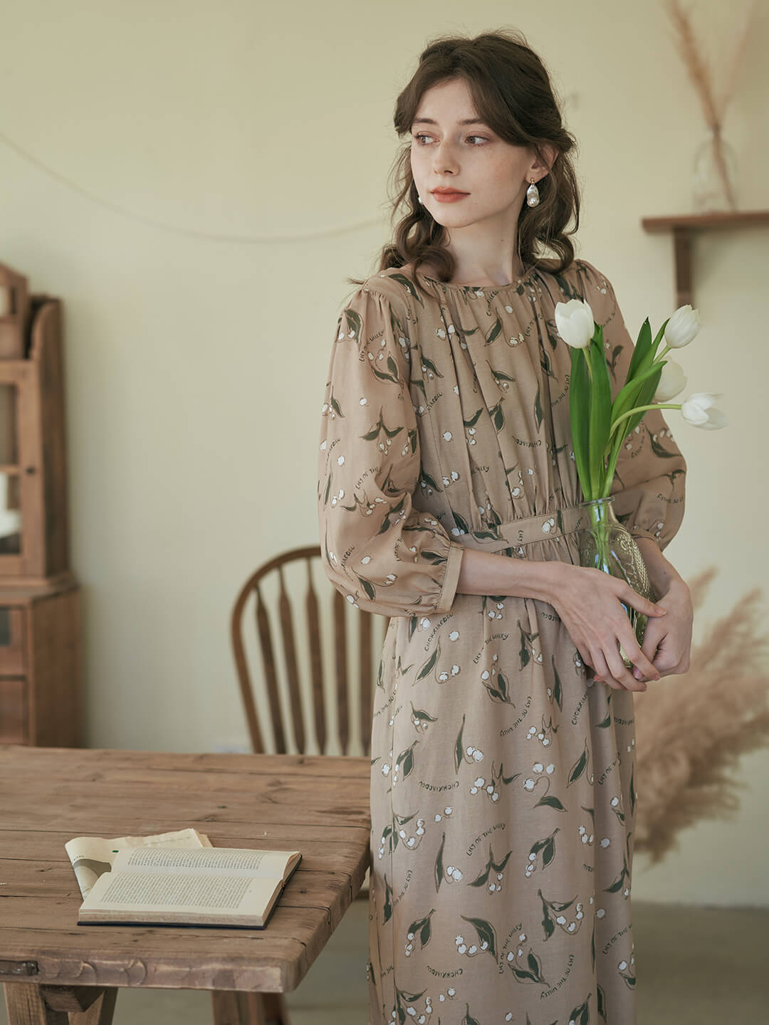 Convallaria Chowxiaodou Printed Khaki Midi Dress/Simple Retro/55181